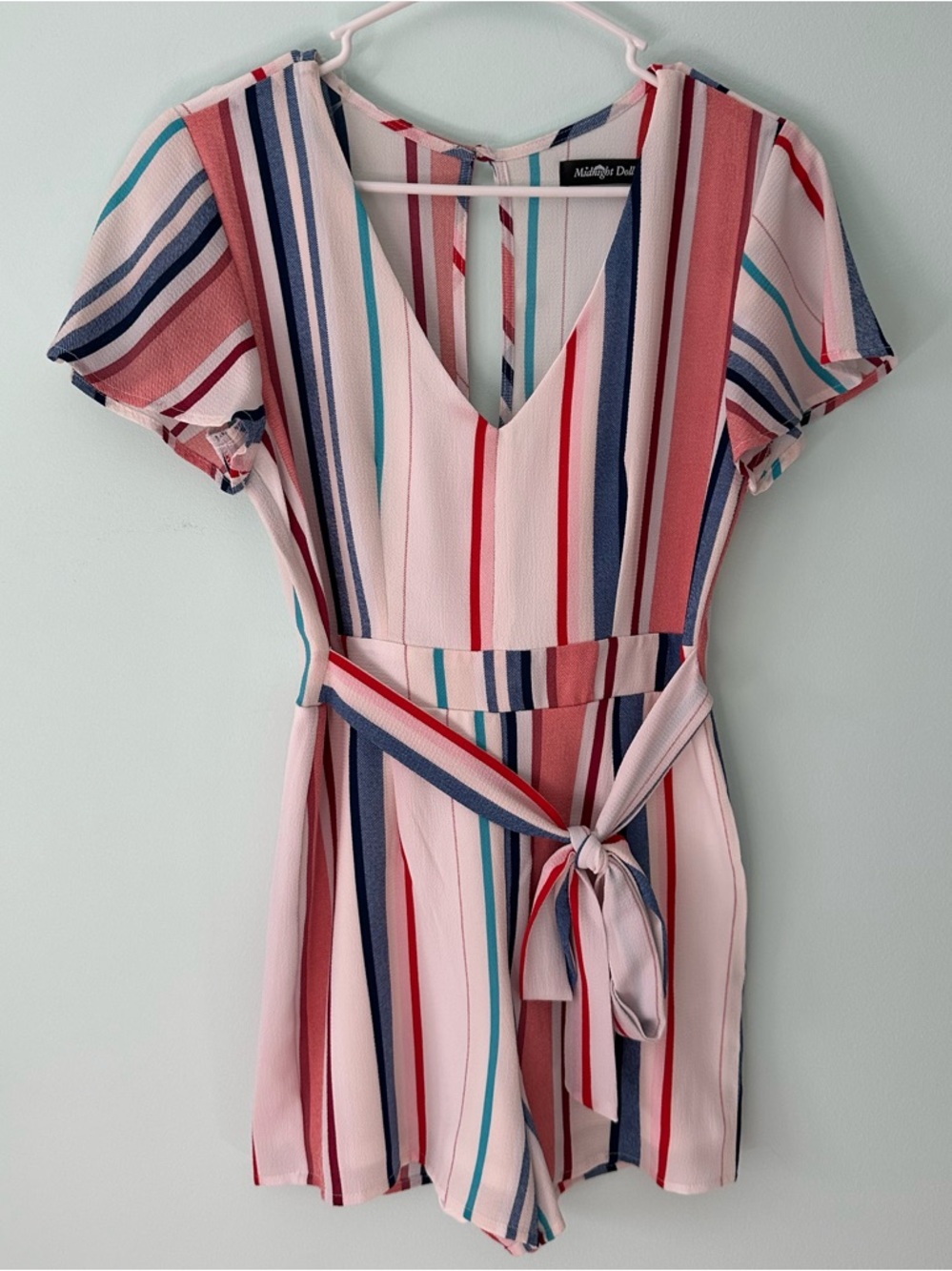 Pink Multi-Stripe V-Neck Mini Dress with Tie Waist